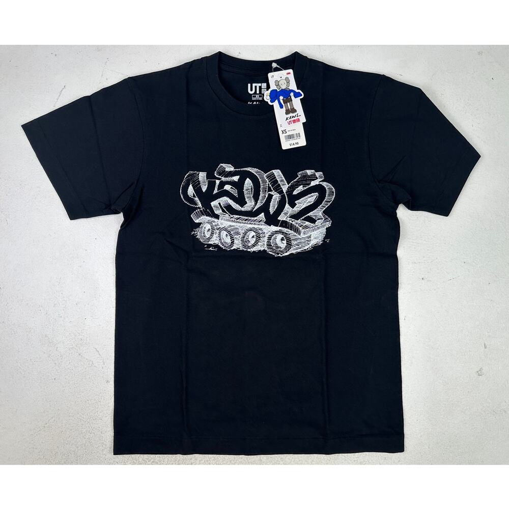 KAWS x Uniqlo UT Graffiti Wordmark Tank Tracks Black Tee Shirt Sz XS | NWT